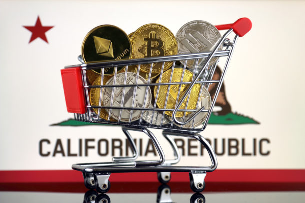 Shopping Cart full of Cryptocurrencies (Bitcoin, Litecoin, Dash, Ethereum) and California State Flag